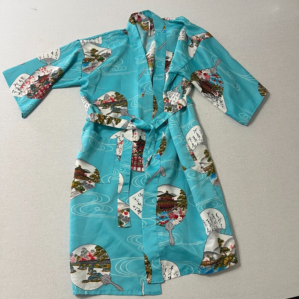 Vintage Japanese Style Kimono Robe Turquoise Fan Garden Print Belted One Size - Picture 5 of 12